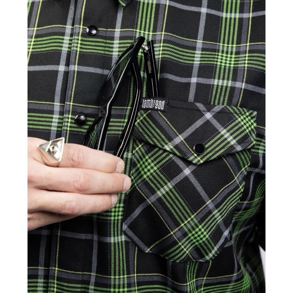 NIB Dixxon Flannel Lamb of God Into Oblivion Green Plaid Snap Down Shirt Mens XL - Picture 3 of 8